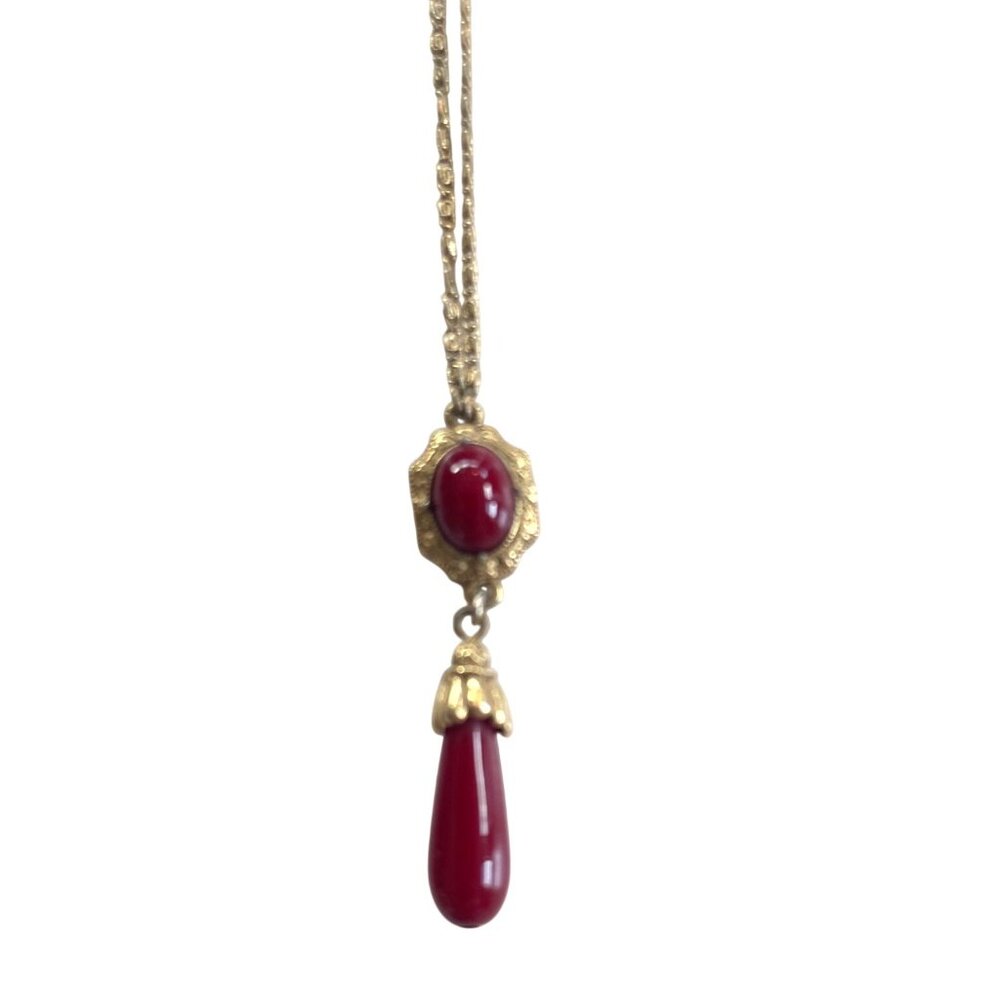 Vintage Gold-Tone Necklace by 1928 with Red Oval & Teardrop Bead Pendant Elegant